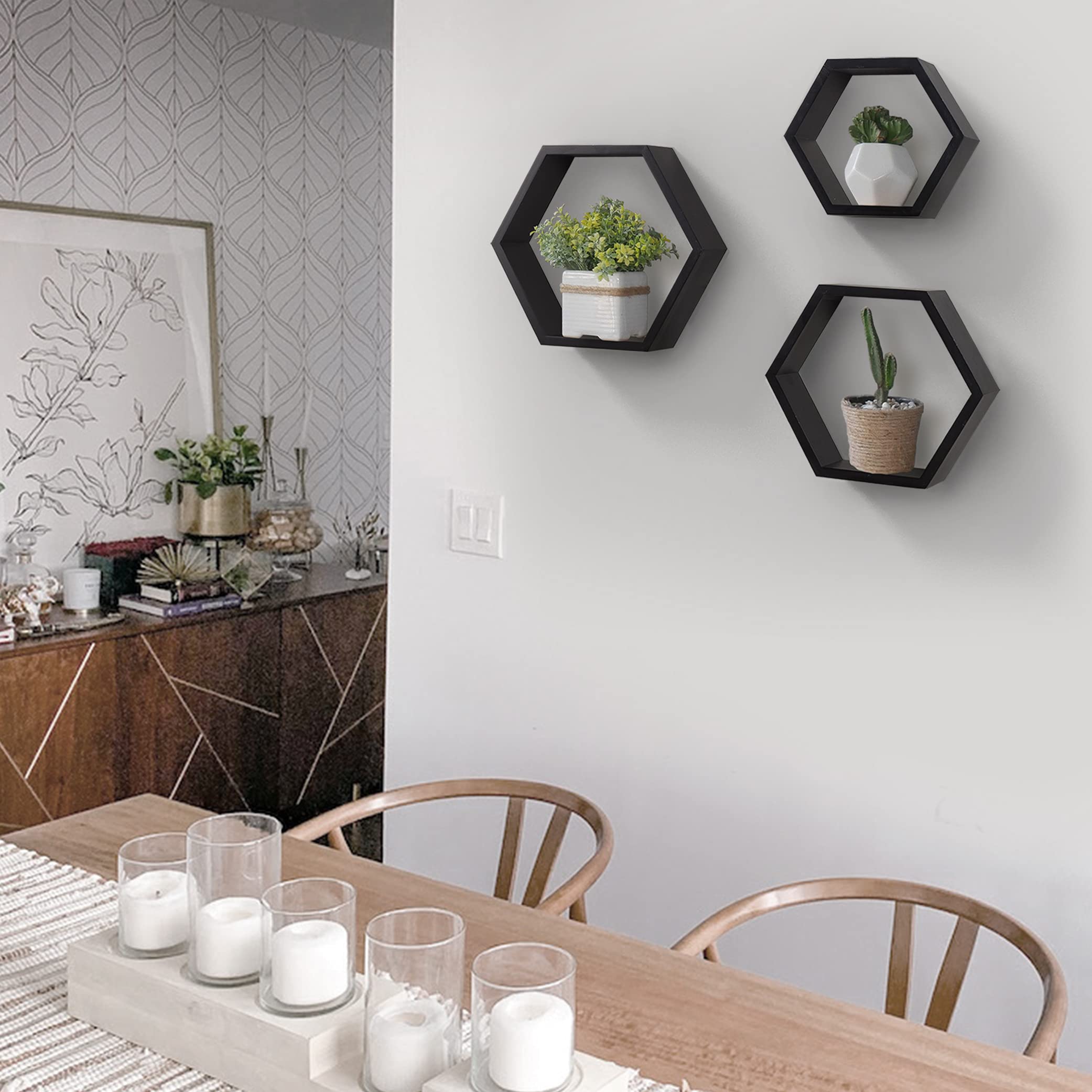 Amazon｜AHDECOR 壁掛け六角形フローティングシェルフ 木製壁